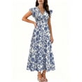 thumbnail image 2 of Ayolanni Floral Spring Dresses for Women A-Line Long V-Neck Boho Dress Ruffle Short Sleeve Flutter High Waist Vacation Sundress L, 2 of 6