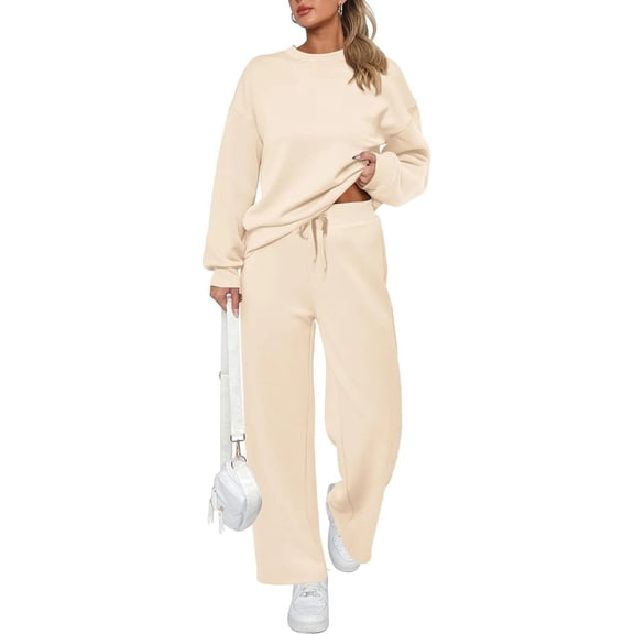 Womens 2 Piece Outfits 2024 Sweatsuit Set Track Suits Oversized Hoodie Sweatshirts Wide Leg Sweatpants with Pockets Beige XL