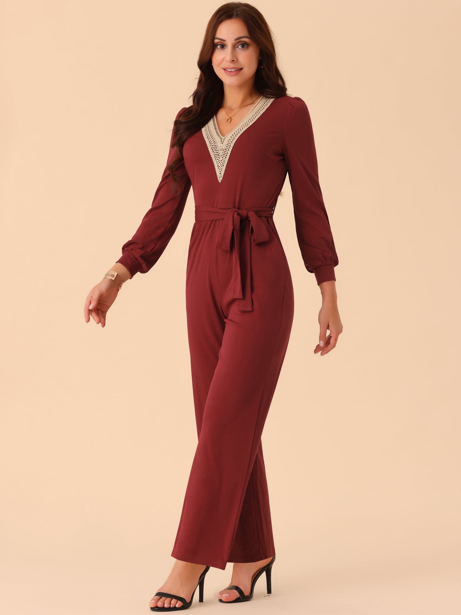 DARING DIVA Women's Long Sleeve Belted Stretchy Jumpsuit S Wine Red