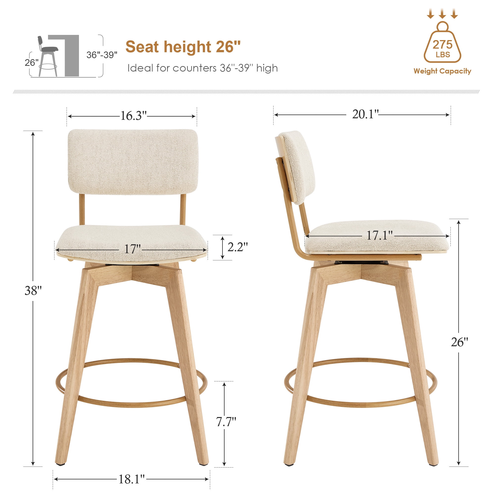 Zesthouse Swivel Counter Height Bar Stools Set of 2, 26" Upholstered Linen Barstools with Back and Solid Wood Legs, Mid Century Modern Bar Chairs, Island Stool for Kitchen Counter, Beige