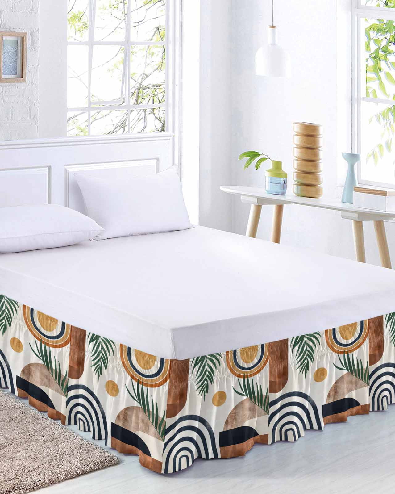 Abstract Boho Bed Skirt Cal King Size, Bohemian Palm Leaf Geometric Leaf Circle Wrap Around Bed Skirting with Adjustable Elastic Strap, Dust Ruffled Pleated Bedskirts 18 Inch Drop for Bedroom Beds