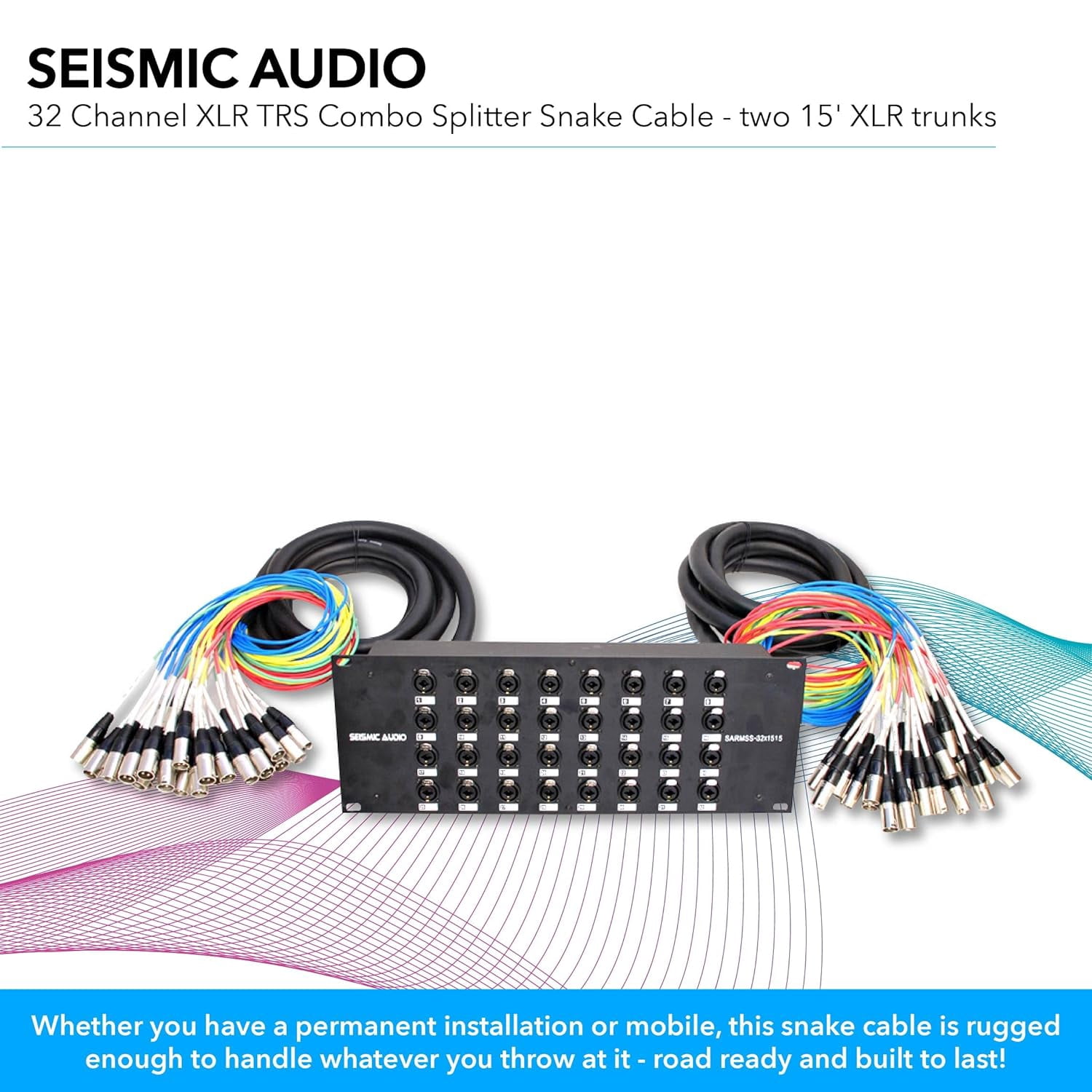 Seismic Audio SARMSS-32x1515 Audio Snake XLR splitter 2 Channel XLR TRS Combo Splitter Snake Cable - Two 15' XLR trunks Rack Mount