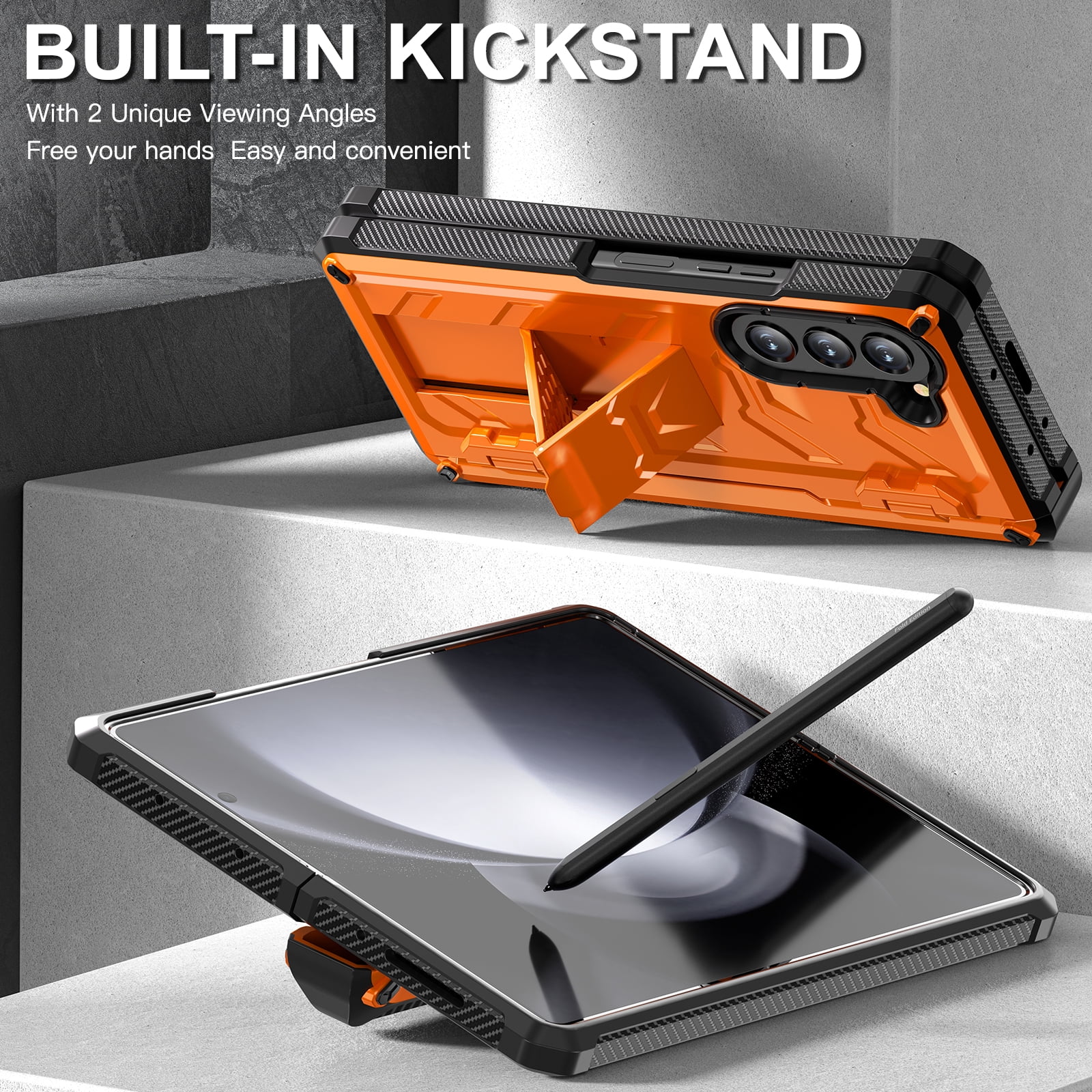 Cowithday for Samsung Galaxy Z Fold 5 Phone Case 2023 7.6", with S Pen Holder & Kickstand & Screen Protector [Wireless Charging], Hinge Protection  Stand Hard Rugged Soft TPU Bumper Cover, Orange