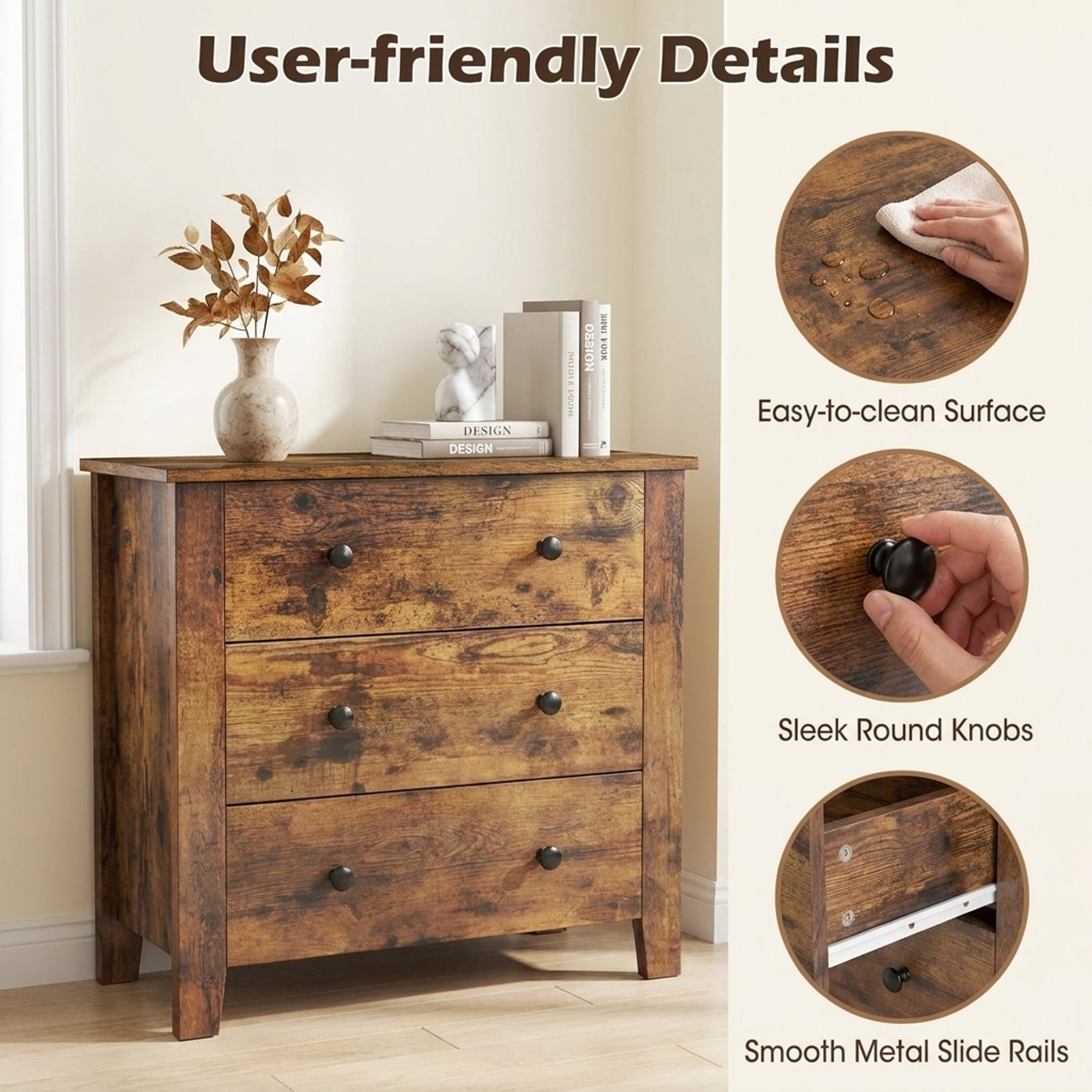 Furnibear 3 Drawer Dresser Chest of Drawers Bedside Table for Bedroom Closet Living Room Nursery Clothes Storage, Rustic Brown