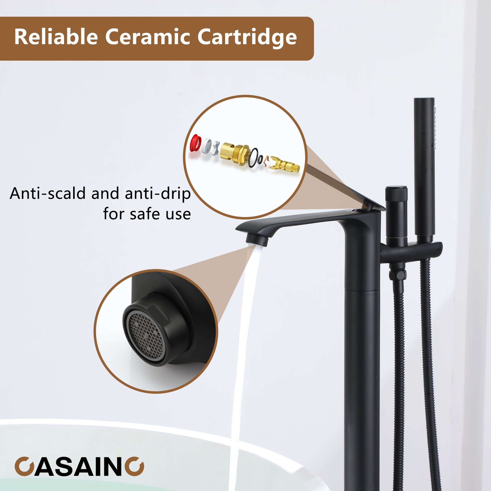 CASAINC Single-Handle Freestanding Floor Mount Tub Filler Faucet with Handheld Shower in Matte Black