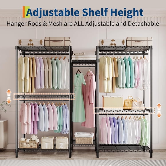 Perchero metálico de alta resistencia con 5 barras para colgar y 8 estantes ajustables, armario portátil de gran capacidad con diseño de 3+2+3 niveles, ideal para dormitorio o vestidor, color negro