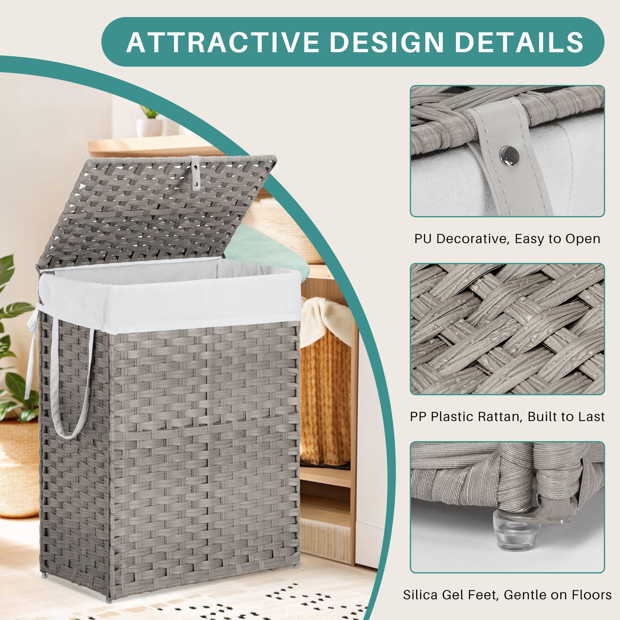90L Foldable Laundry Hamper with Lid and Removable Liner, Wicker Basket for Bedroom & Bathroom, Gray