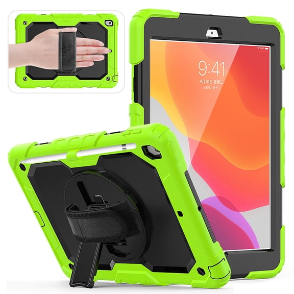 Case for iPad 9th/ 8th/ 7th Generation, Case for iPad 10.2-Inch 2021/2020/ 2019 with Screen Protector Pencil Holder Kickstand Hand/Shoulder Strap.Protective Tablet Cover - Black Green