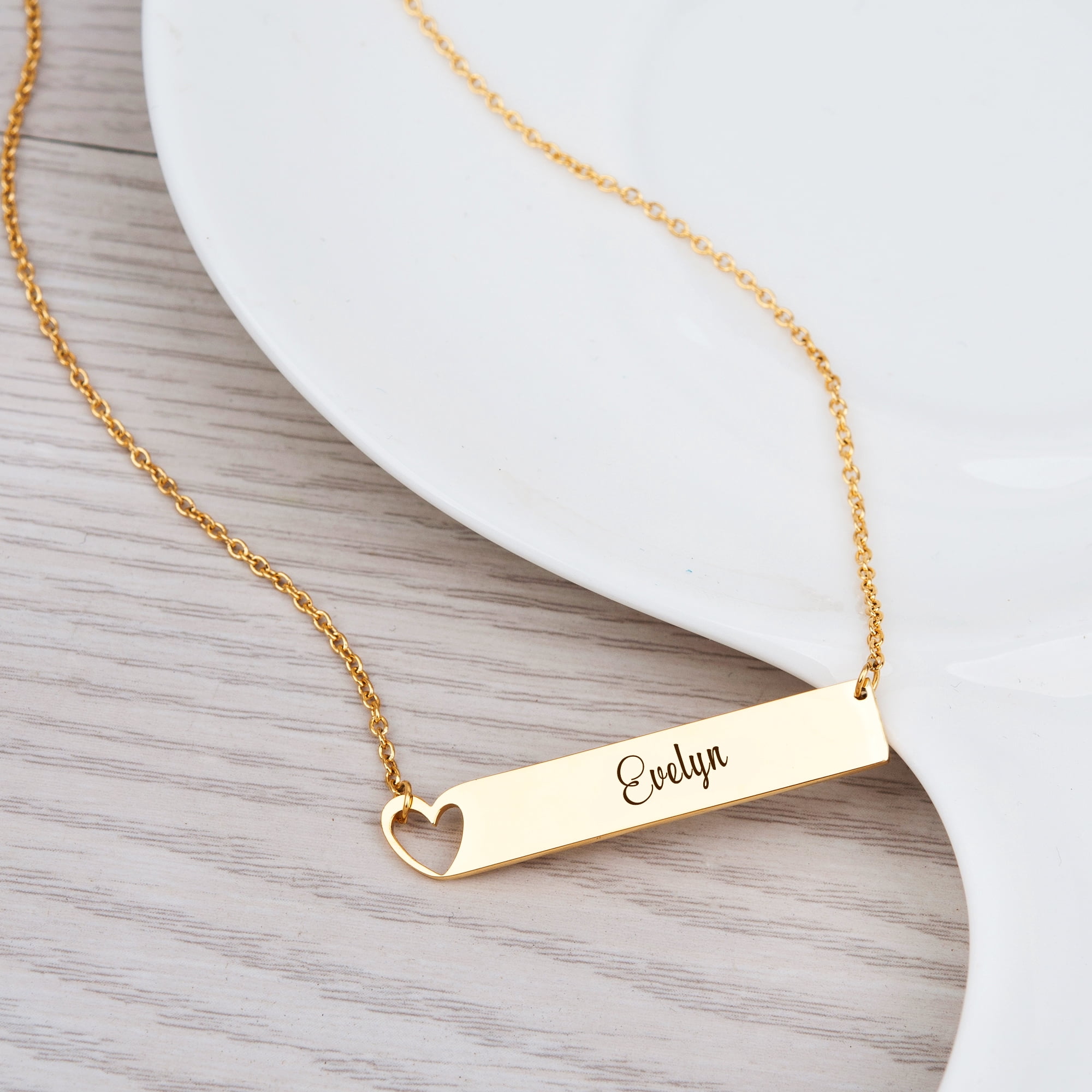 Personalized Bar Birthday Day Name Necklace Heart Custom Gift for Mom Women's Heart Bar Name Necklace Stainless Steel Gift for Girlfriend Fiancee Engravable Couples Free Gift Box Ships Next Day