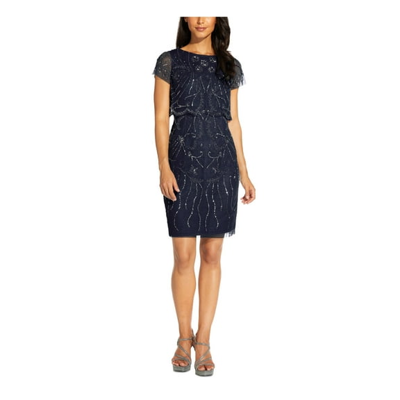 ADRIANNA ADRIANNA PAPELL Womens Navy Beaded Zippered Scalloped Overlay Short Sleeve Boat Neck Above The Knee Party Sheath Dress 2