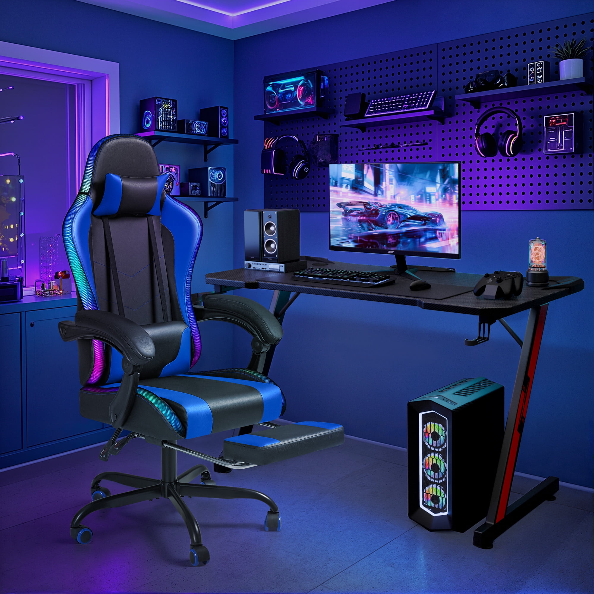 Homall RGB Gaming Chair with APP & Remote Control, LED Lights Ergonomic Computer Chair with Footrest & Massage Lumbar Support, Blue