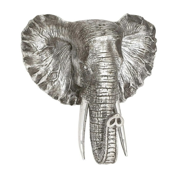 DecMode Silver Polystone Metallic Elephant Wall Decor with Tusks