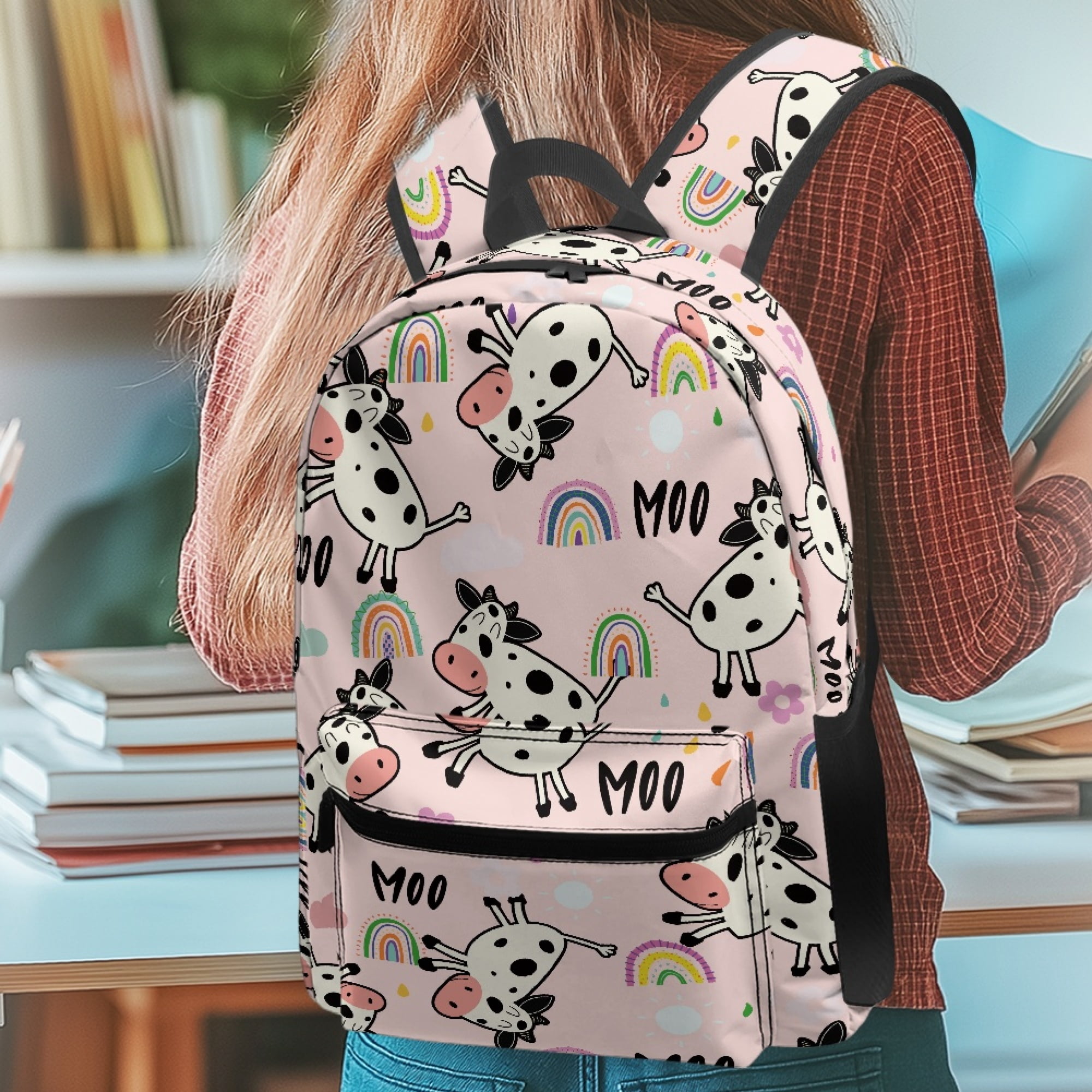 Uourmeti Cute Daily Backpack with Cow Rainbow Moo Design - Great for School Campus and Outdoor Travel