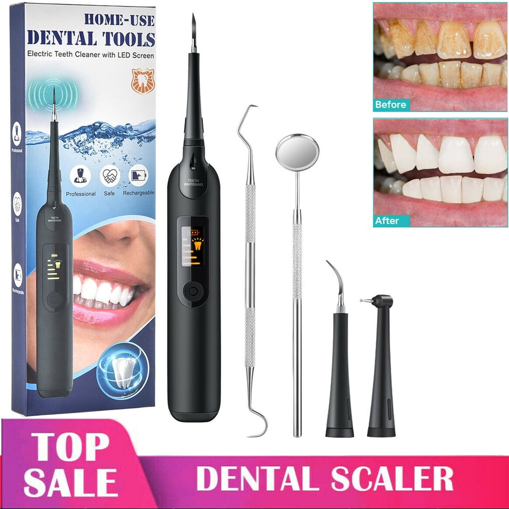 Electric Plaque Remover for Teeth, Tooth Cleaner Dental Calculus Remover Teeth Cleaning Kit with LED Display， 5 Adjustable Modes, 2 Replaceable Clean Heads and 1 Mouth Mirror