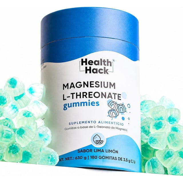 Magnesio L-Treonato Gummies Health Hack con L-Teanina Vitamina B6 Acerola y Pimienta Negra Sin Azúcar Sabor Lima Limón 180 Gomitas
