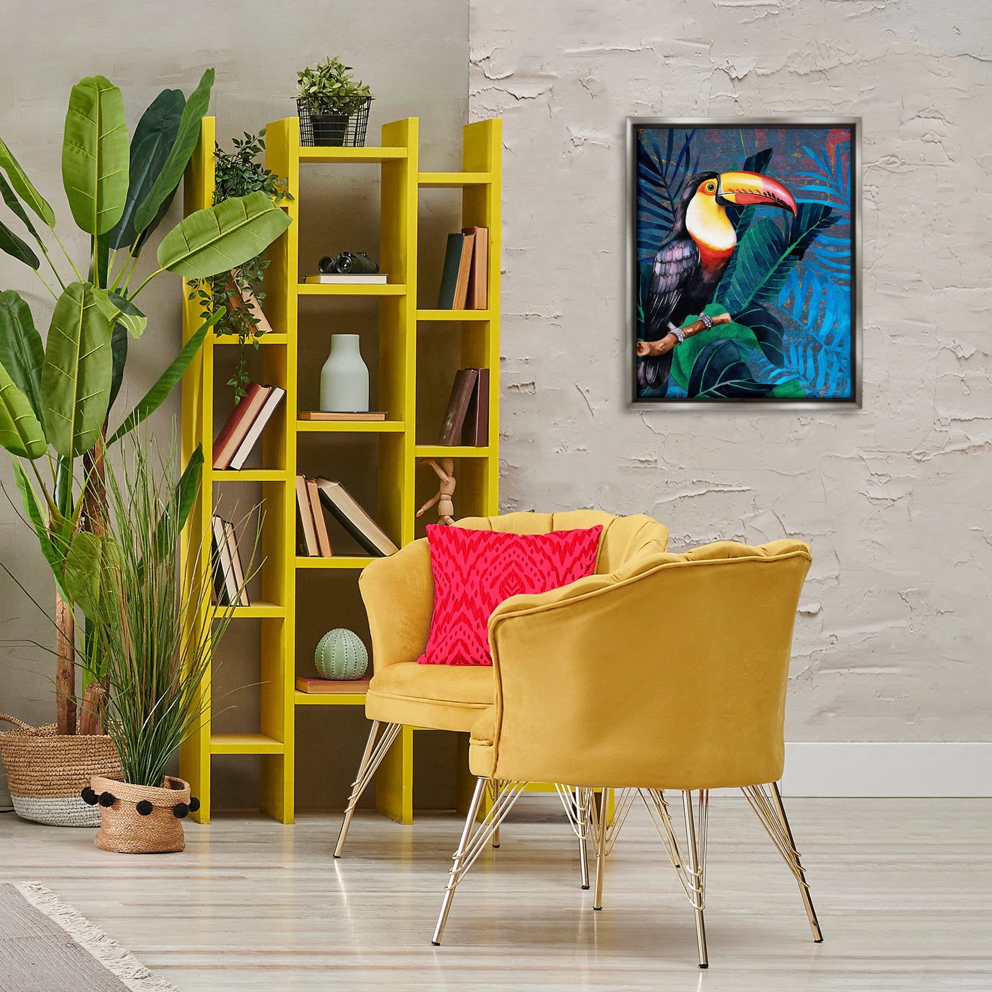 Stupell Industries Bright Toucan Among Leaves Animals Painting Gray Floater Framed Canvas Art Print Wall Art, 17 x 21