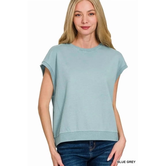 Zenana French Terry Round Neck Cap Sleeve T-Shirt