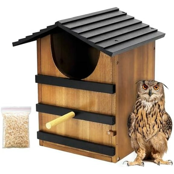 Screech Owl House for Outdoors, Large Barn Owl Nesting Box Wooden Bird House for Outside with Shavings Bird House, 14.5×9.4×7.8 Inches Easy Assembly Required
