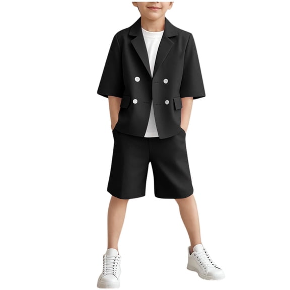 Odeerbi Toddler Boys 2 Piece Gentleman Formal Suit Short Sleeve Notched Lapel Blazer Jacket and Suit Shorts Preppy Outfit School Uniform Set