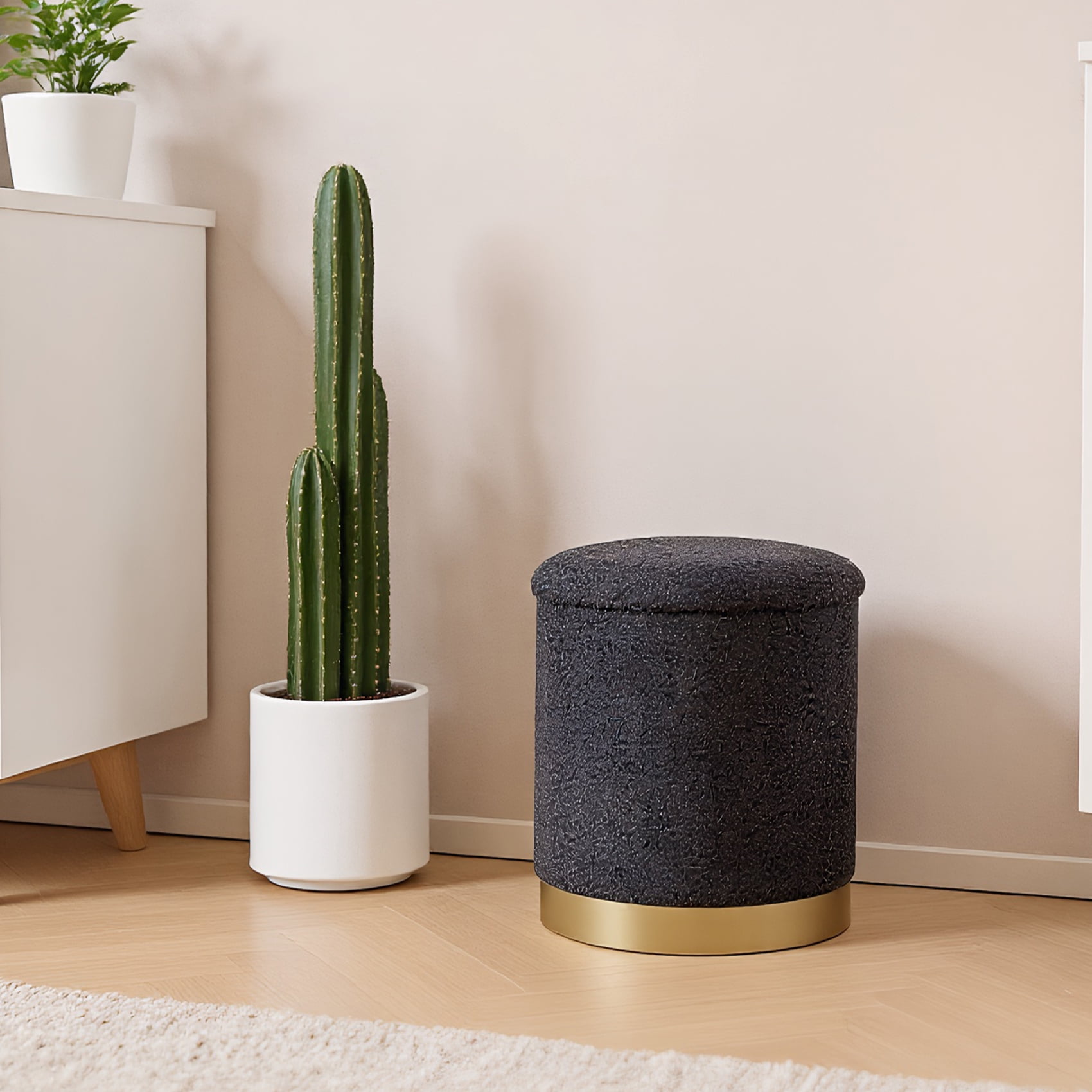 PINPLUS Round Storage Ottoman with Tray Gold Edge Stool Leg Folding Foot Rest for Living Room Dark Grey,Sherpa Fabric