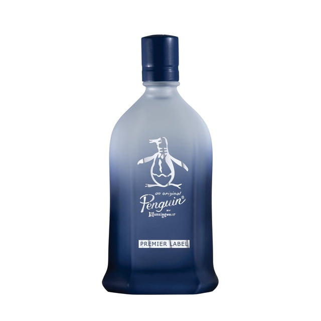 eau de toilette original penguin premier label para hombre 100 ml frasco frontal centrado azul degradado con tapa a rosca, logotipo blanco de penguin y etiqueta "Premier Label" visibles; perfil olfativo fresco y aromático según la ficha, presentado en envase de 100 ml, adecuado como opción de regalo o para uso diario.