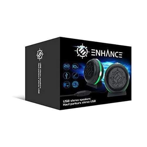 Enhance SL2 USB Gaming Computer Speakers for Monitor with LED Green Light, 3.5mm Wired Connection and in-Line Volume Control - 2.0 Stereo Sound System for Gaming Laptop, Desktop, PC Computers