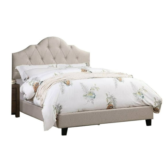 Benjara Eni Upholstered Full Size Bed, Tufted Adjustable Headboard, Taupe Fabric