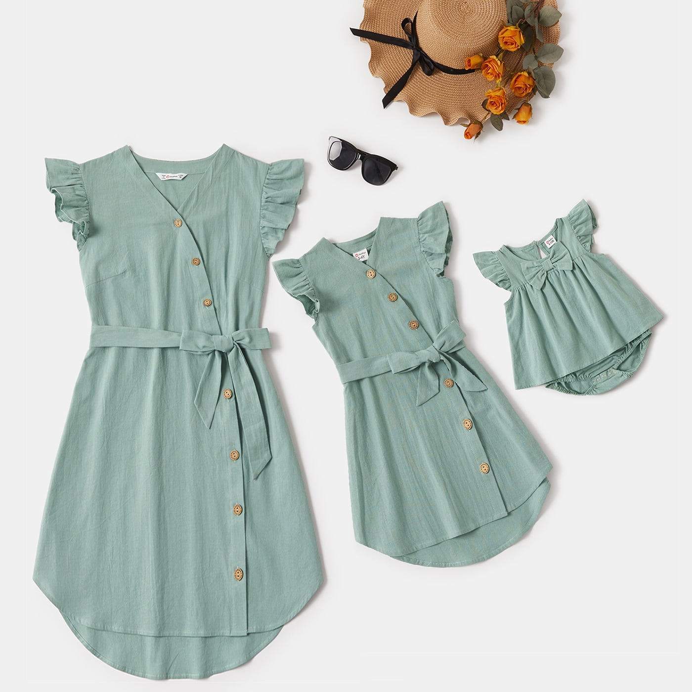 PatPat Women and Girls Cotton Solid Flutter-sleeve Matching Midi Dress