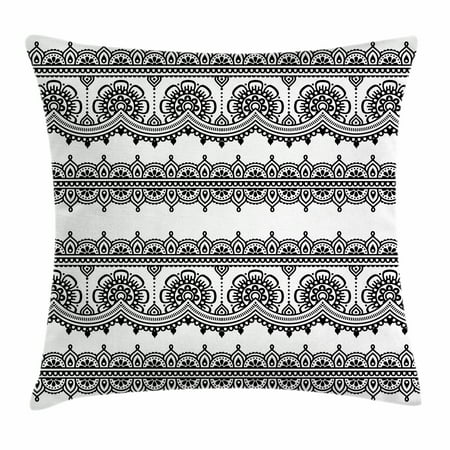 Henna Throw Pillow Cushion Cover, Mehndi Influences Monochrome Blossoms Artful Damask Arabesque Cultural Folk Design, Decorative Square Accent Pillow Case, 18 X 18 Inches, Black White, by