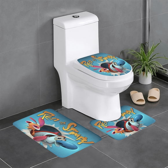 El Show de Ren y Stimpy Juego de 3 alfombras de baño de coral fleece: tapete de baño + alfombra de inodoro en forma de U + funda de tapa de inodoro en forma de O
