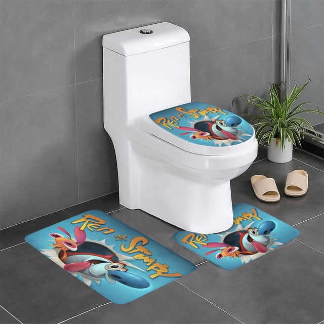 El Show de Ren y Stimpy Juego de 3 alfombras de baño de coral fleece: tapete de baño + alfombra de inodoro en forma de U + funda de tapa de inodoro en forma de O