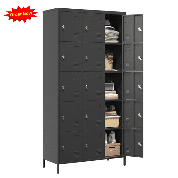 Tcbosik Metal Cabinet with Lock and 15 Doors, Storage Locker for Employees, 72"H Locker Cabinet for Home Office Gym, Black
