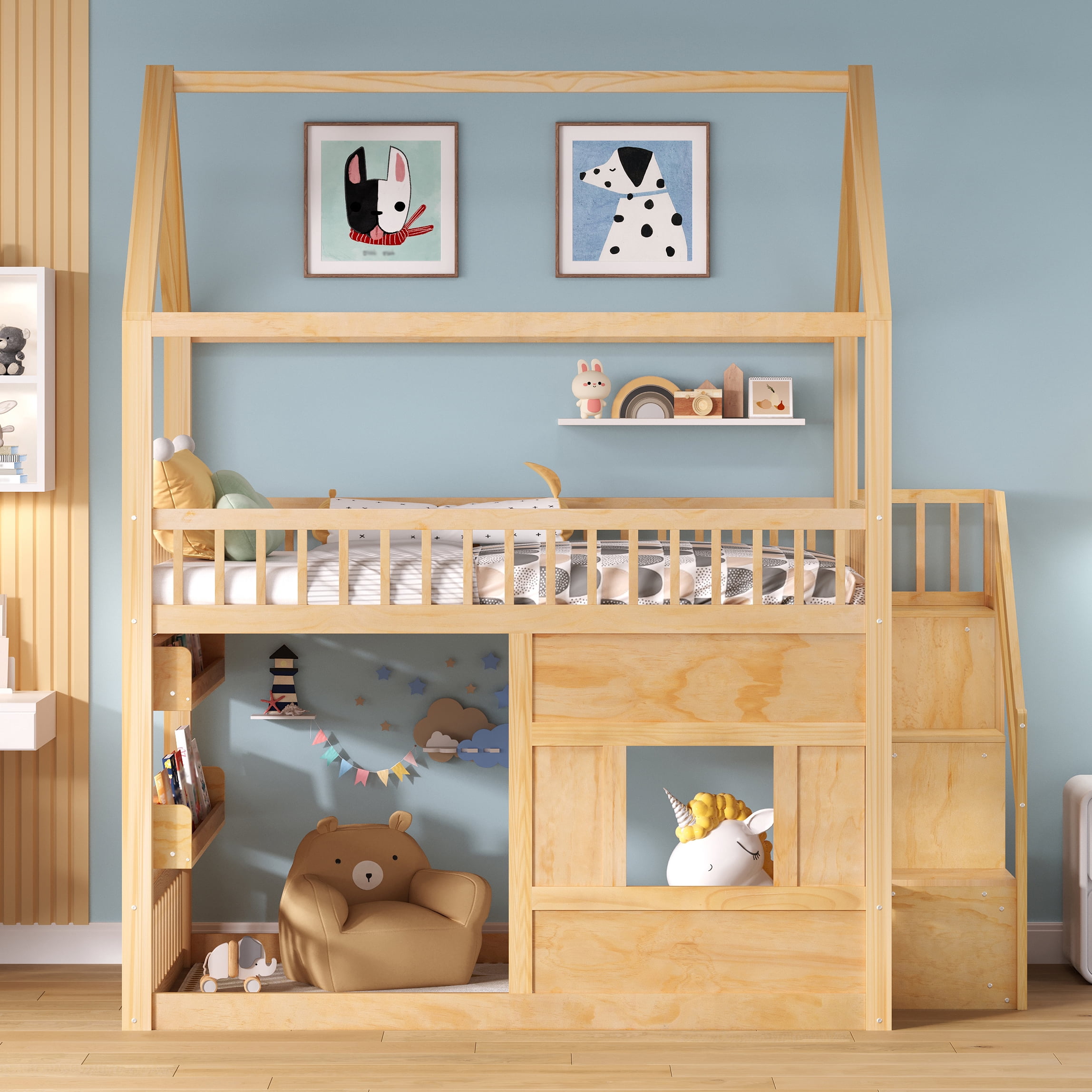 Euroco Wood Full over Full Bunk Bed with Staircase, House Bed with LED Light, Natural