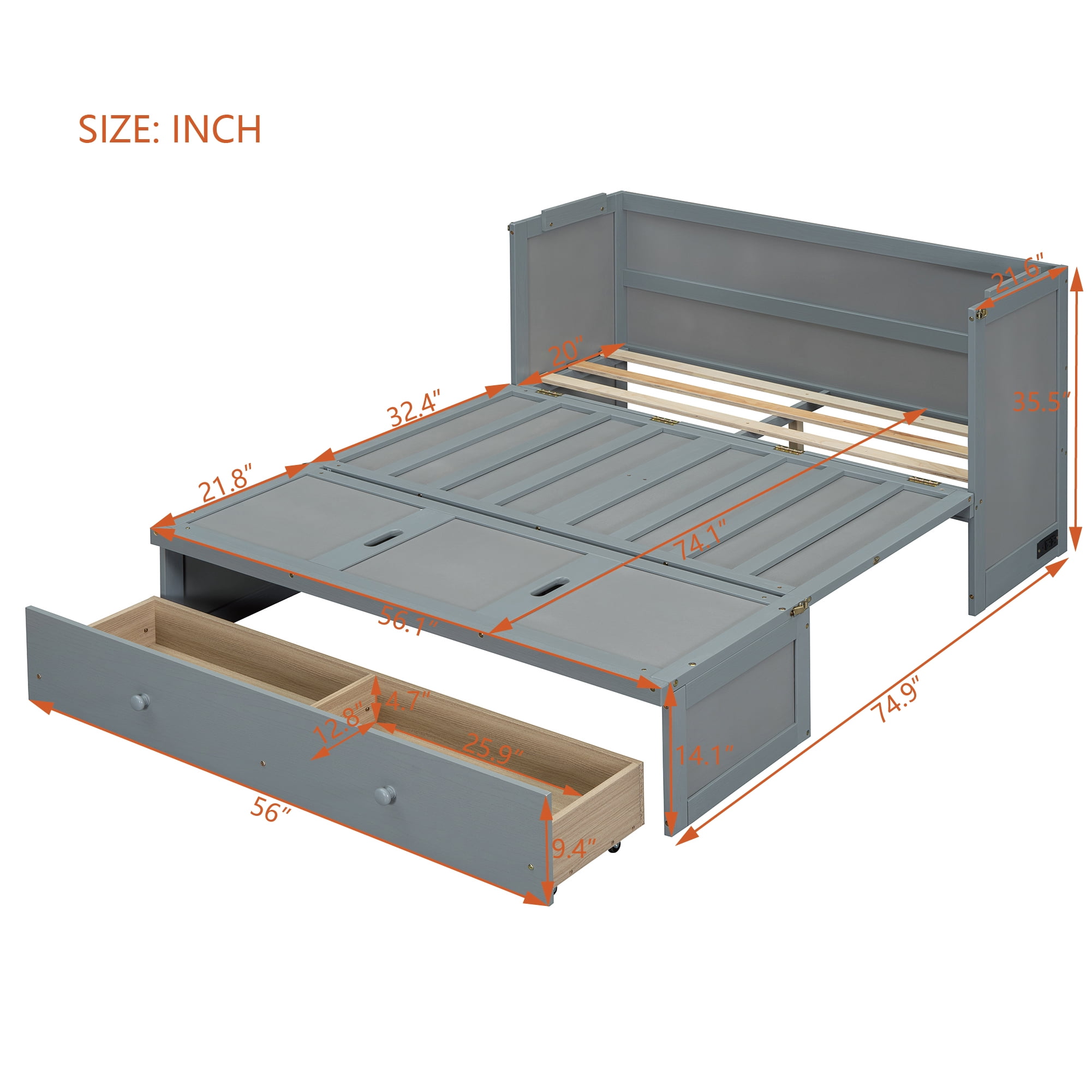 Mintazer Full Murphy Bed with Storage Drawer & Charging Station, Modern Foldable Cabinet Bed for Bedroom Apartment Guest Room, Gray