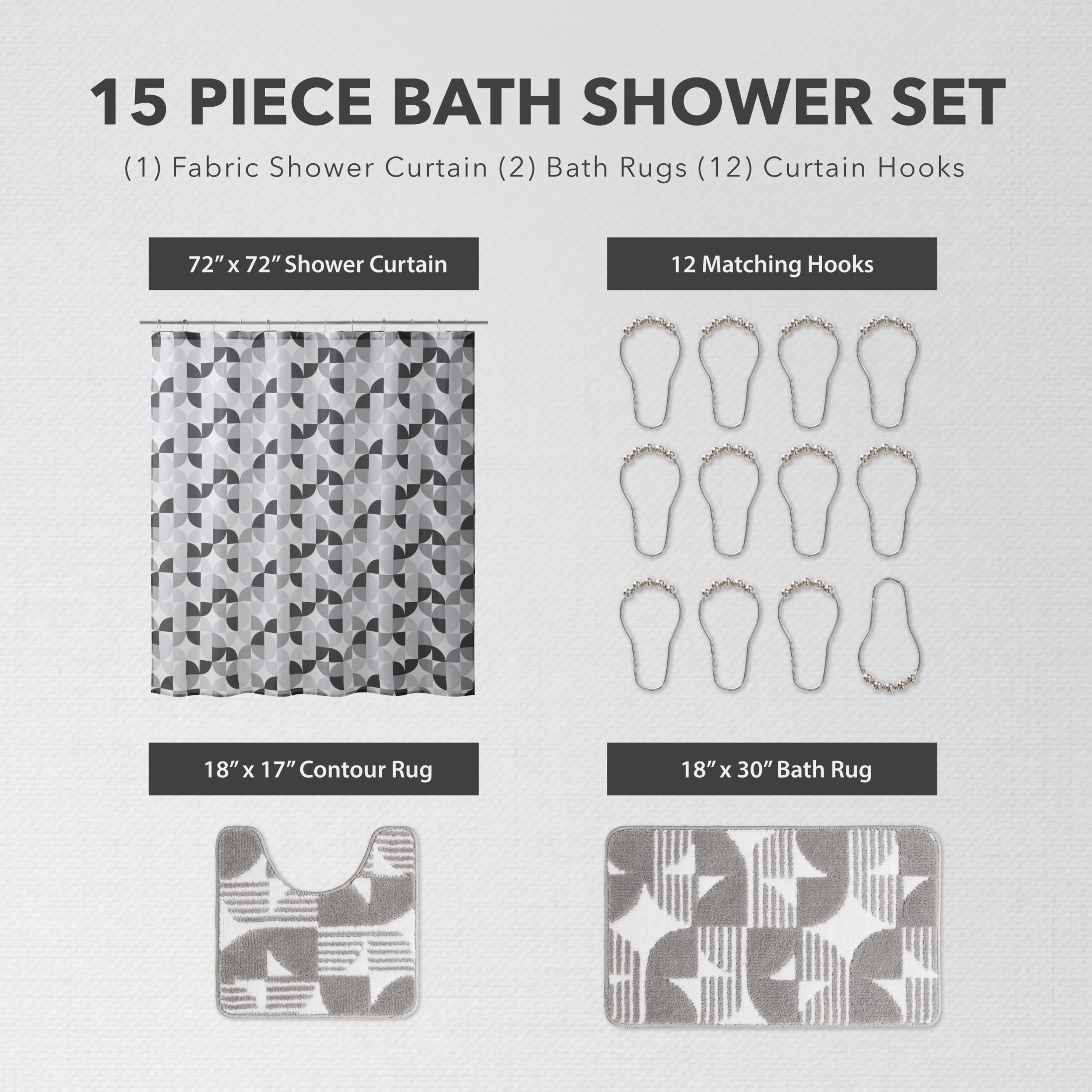 CHI Bale Shower Curtain with Hooks and Rugs Modern Washable 72" W x 72" L 15-Piece Set
