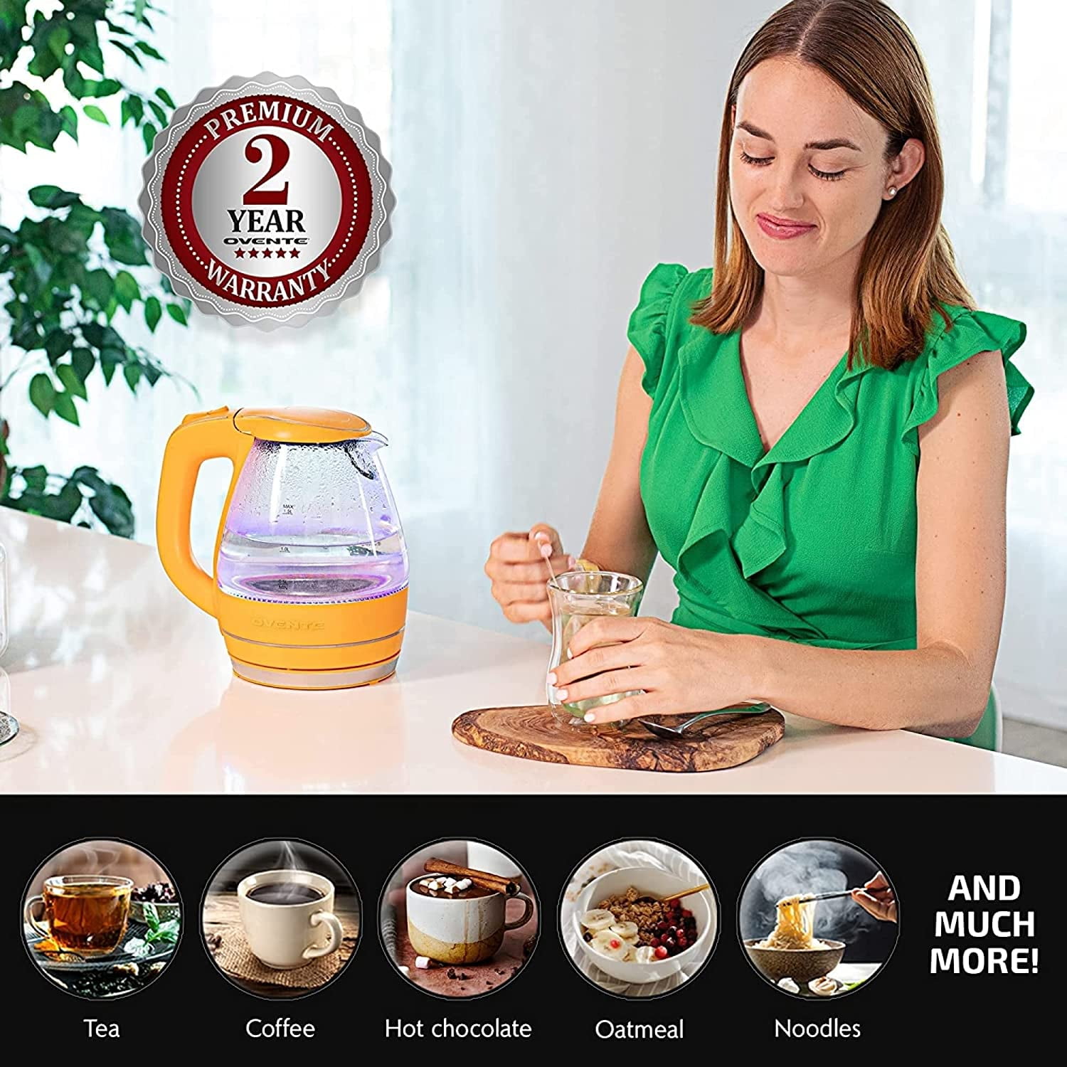 OVENTE 1.7 L Electric Glass Kettle, Prontofill Tech, Portable Kettle KG733S  + Glass Tea Pot Infuser