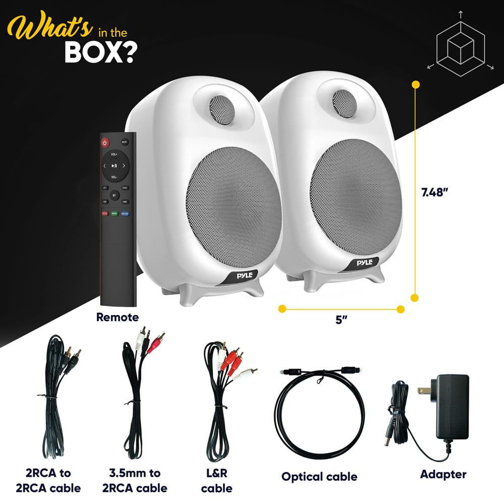 Pyle HiFi 60W Powered Bluetooth Bookshelf Monitor Speaker Set, Optical RCA in, Bass/Treble Adjustable, Deep Bass, 3 Audio Mode, Studio Computer Desk Stereo System, Remote Control, White - PBKSR40WT