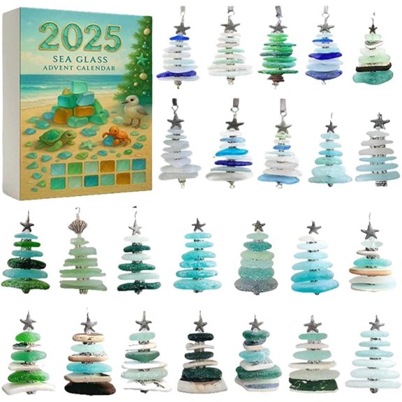 Sea Glass Christmas Tree Advent Calendar, 24 Days Advent Calendar Countdown with 24 Handmade Acrylic Miniature Ocean Treasures, Holiday Surprises for Xmas Tree Hanging Ornaments