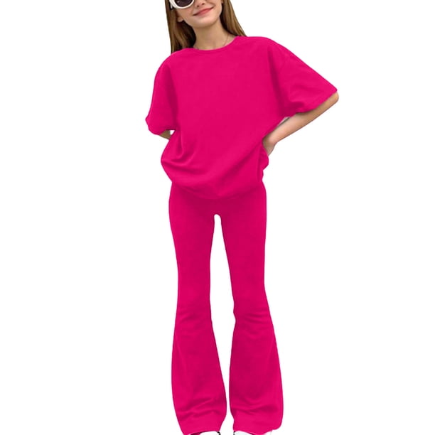Conjuntos de blusas y camisas de cuello redondo y manga corta para niños, camisetas de manga corta de color liso y pantalones largos, conjunto de dos piezas para niñas, top de poliéster