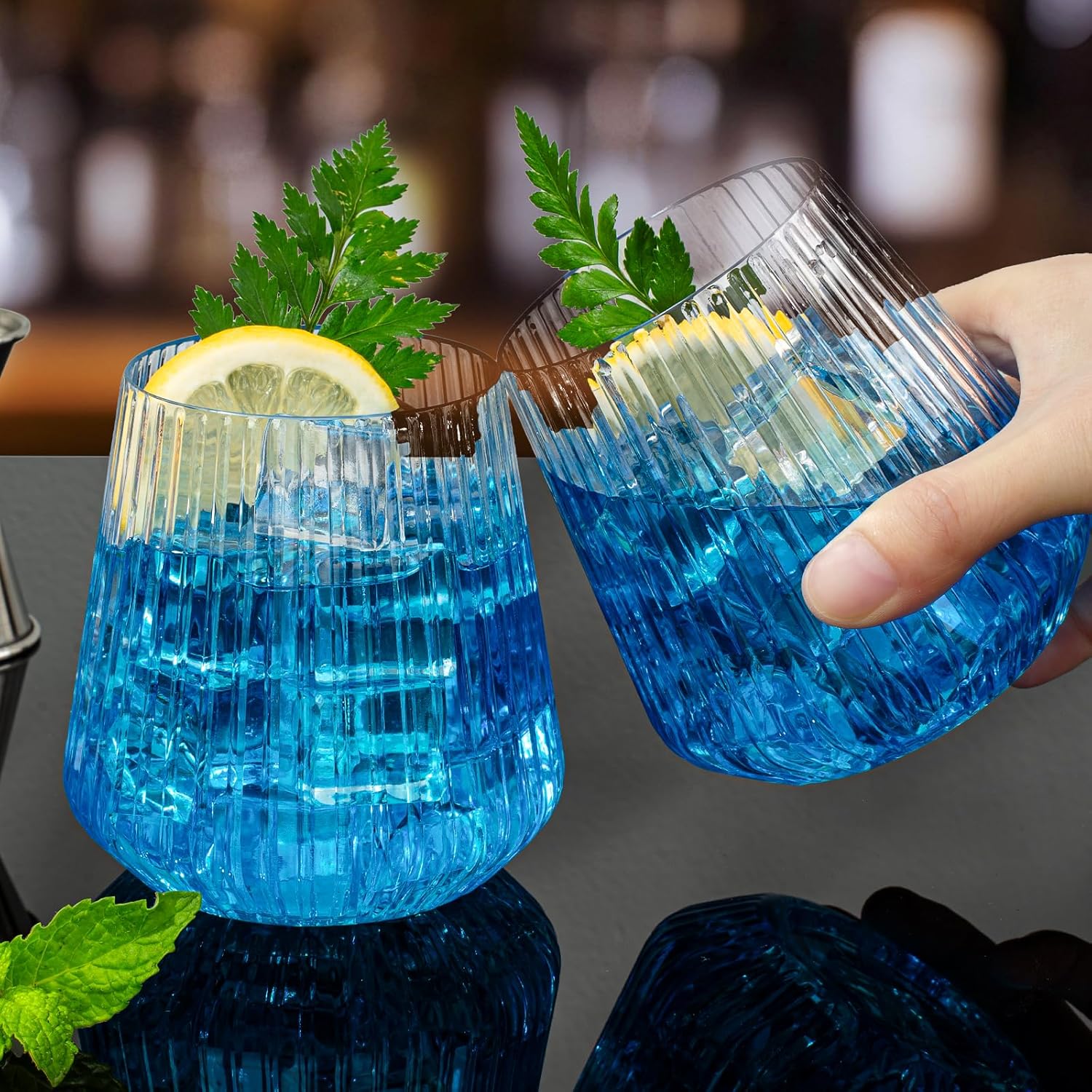 36 Pcs 12 oz Clear Ribbed Plastic Wine Glasses, Origami Ripple Disposable Champagne Flutes Elegant Whiskey Tumblers for Weddings, Bars, Parties and Daily Use