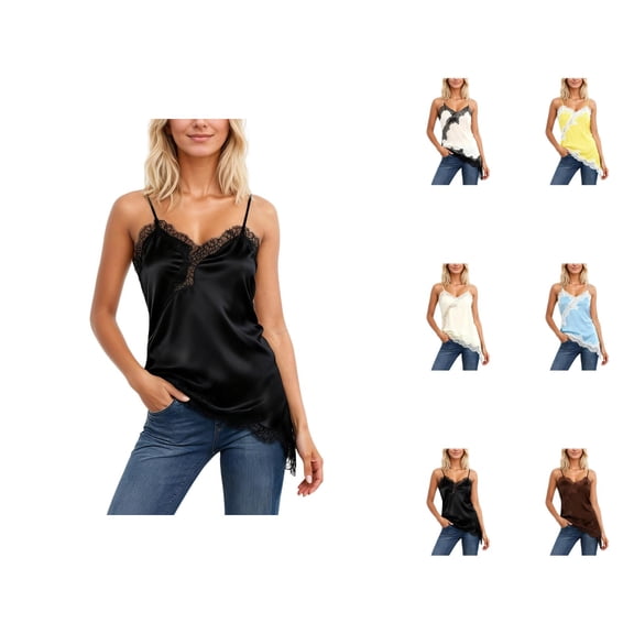 Lace Tank Tops for Women 2026 Fashion Asymmetrical Hem Lace Patchwork Spaghetti Strap Camisole Tank Top