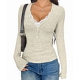 thumbnail image 3 of Women Lace Henley T Shirts Button Down Slim Fit Tops Long Sleeve V-Neck Tunic Top Blouse Light Green XL, 3 of 7
