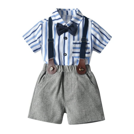 

Yubatuo Toddler Baby Boy Gentleman Bow Tie Striped T-Shirt Tops+Suspender Shorts Outfits Blue 90