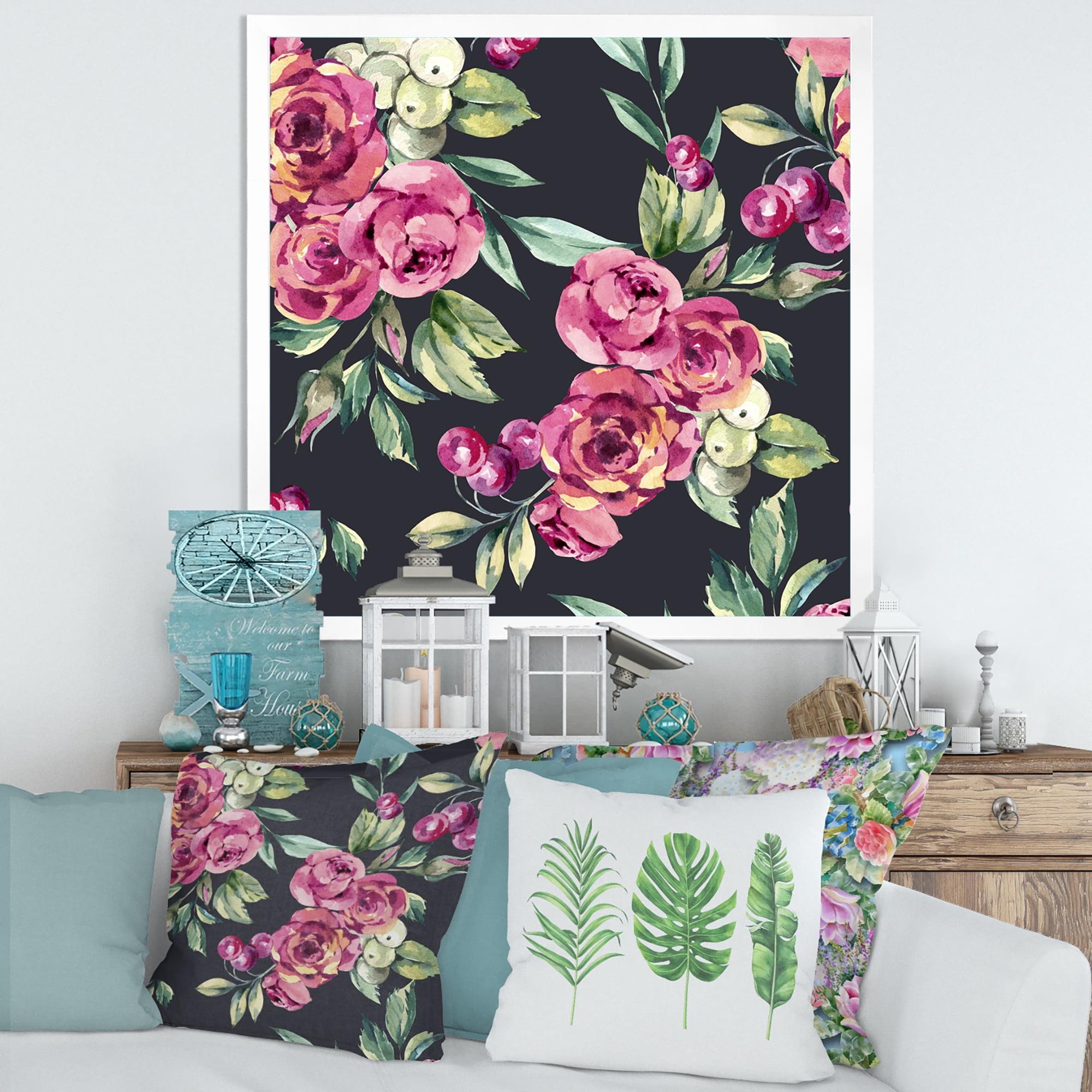 Designart 'Red VIntage Roses and Berries On Black Background' Farmhouse Framed Art Print