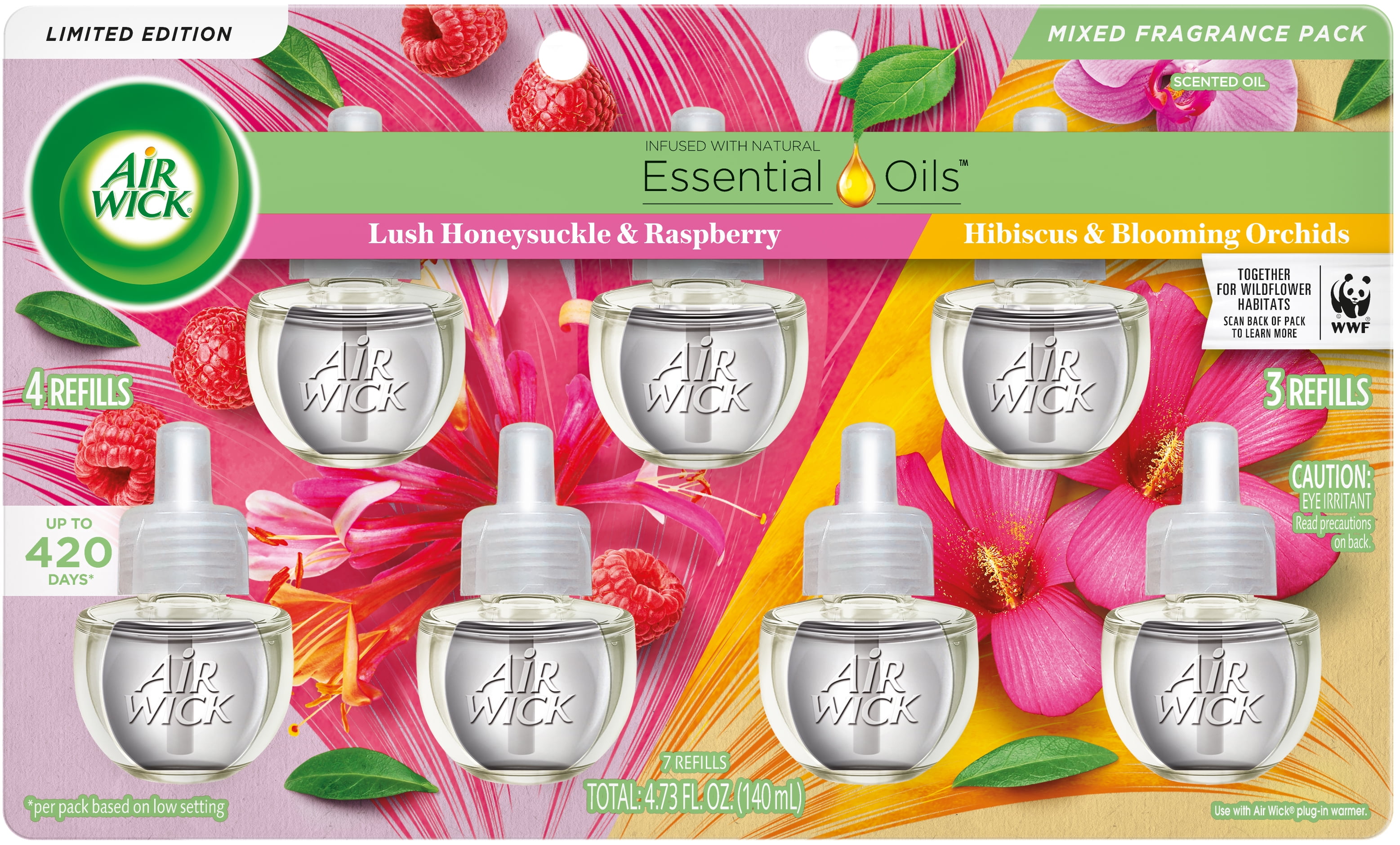 Air Wick Plug in Scented Oil Refill, 7ct, Lush Honeysuckle & Raspberry + Hibiscus & Blooming Orchids. Air Freshener, Essential Oils