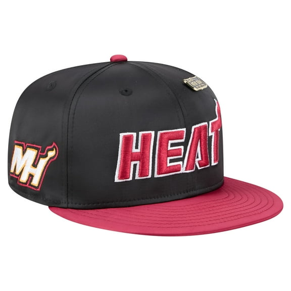 Men's-New Era Black/Red Miami Heat Throwback Satin Vintage Pin Two-Tone 59FIFTY Fitted Hat