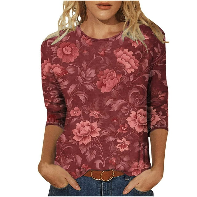 Tnhcen Hauts Graphiques Basiques à Manches 7/8 et Col Rond Imprimé Vintage pour Femmes - Chemises d'Automne Amicales Grande Taille P-5TG