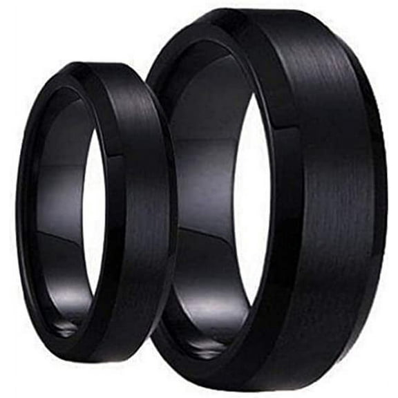 Men & Ladie's 8MM/6MM Flat Shiny with Black Inlay Tungsten Carbide Wedding Band Ring Set