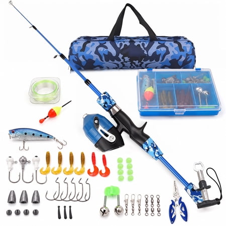 Maspost Kids 1.5m Blue Telescopic Fishing Rod and Spincast Reel Combo with Tackle and Travel Bag Fiberglass Freshwater