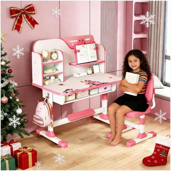 YNCE Kids Desk and Chair Set, Height Adjustable Kids Study Table with Widened Desktop, Storage Drawer & Bookstand, Ergonomic Desk for Boys and Girls